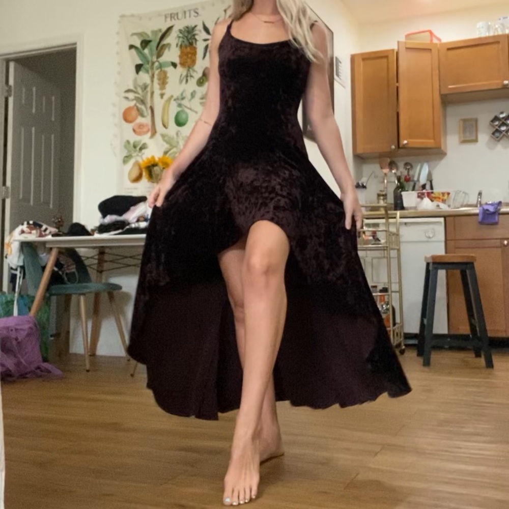 Chocolate colored velvet high-low dress